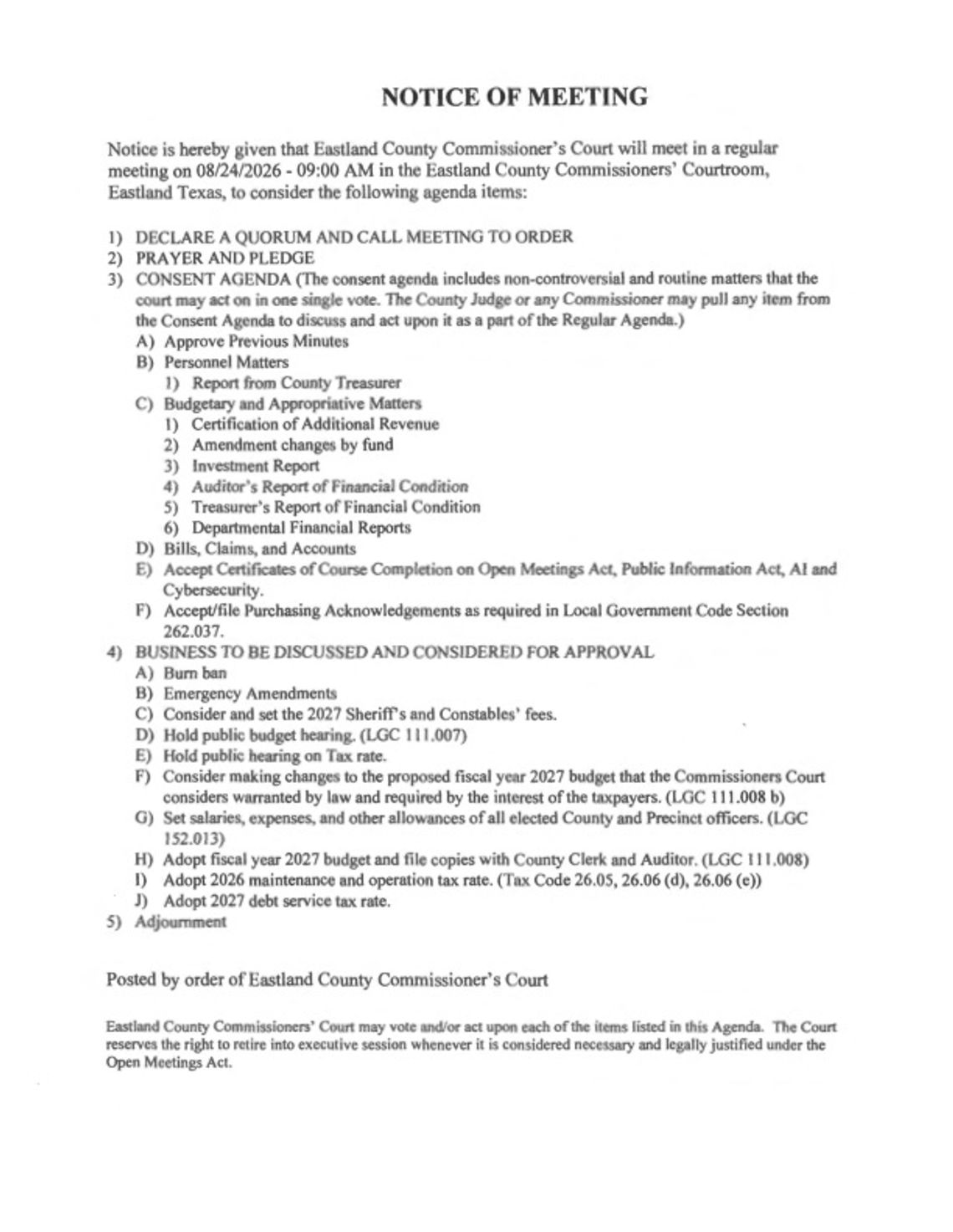 Eastland County Commissioners Court Meeting 8/24