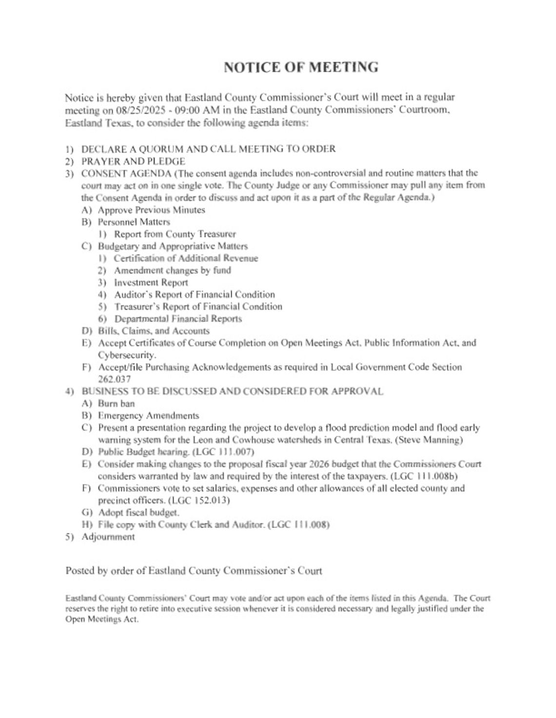 Eastland County Commissioners Court Meeting 8/25 at 9 AM