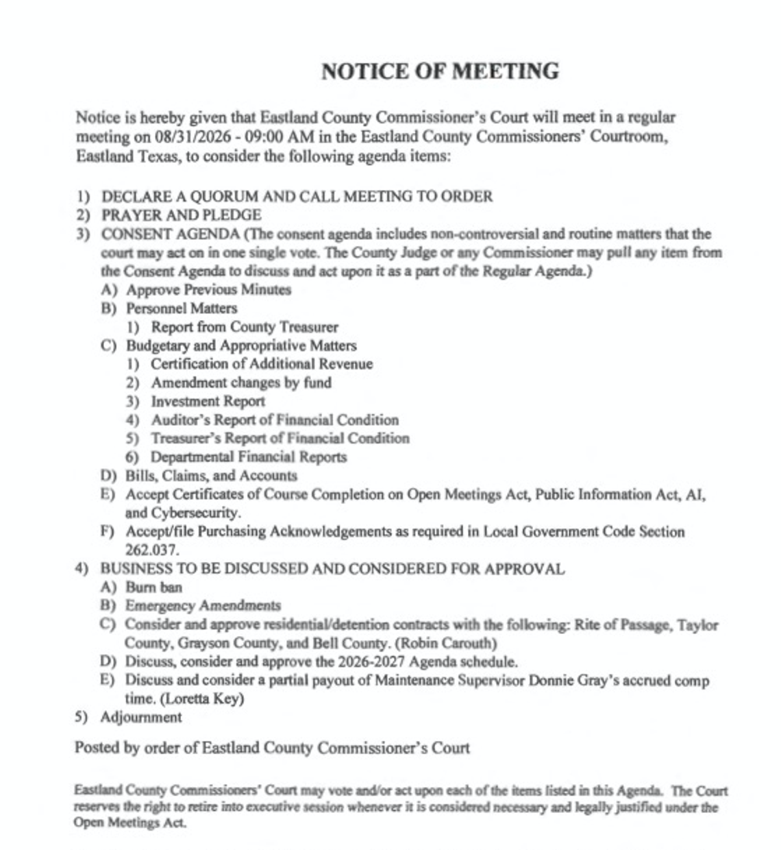 Eastland County Commissioners Court Meeting 8/31/26