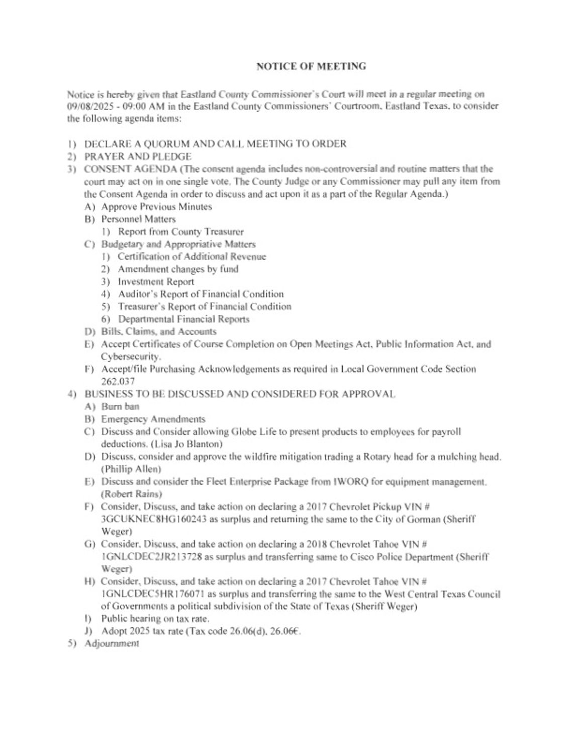 Eastland County Commissioners Court Meeting 9-8-25 at 9 AM