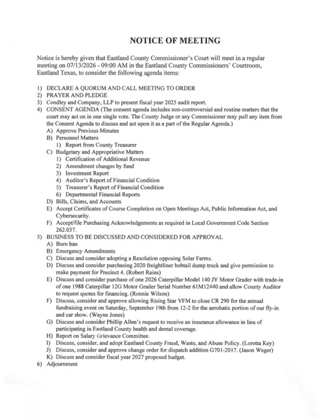 Eastland County Commissioners Court Meeting July 13