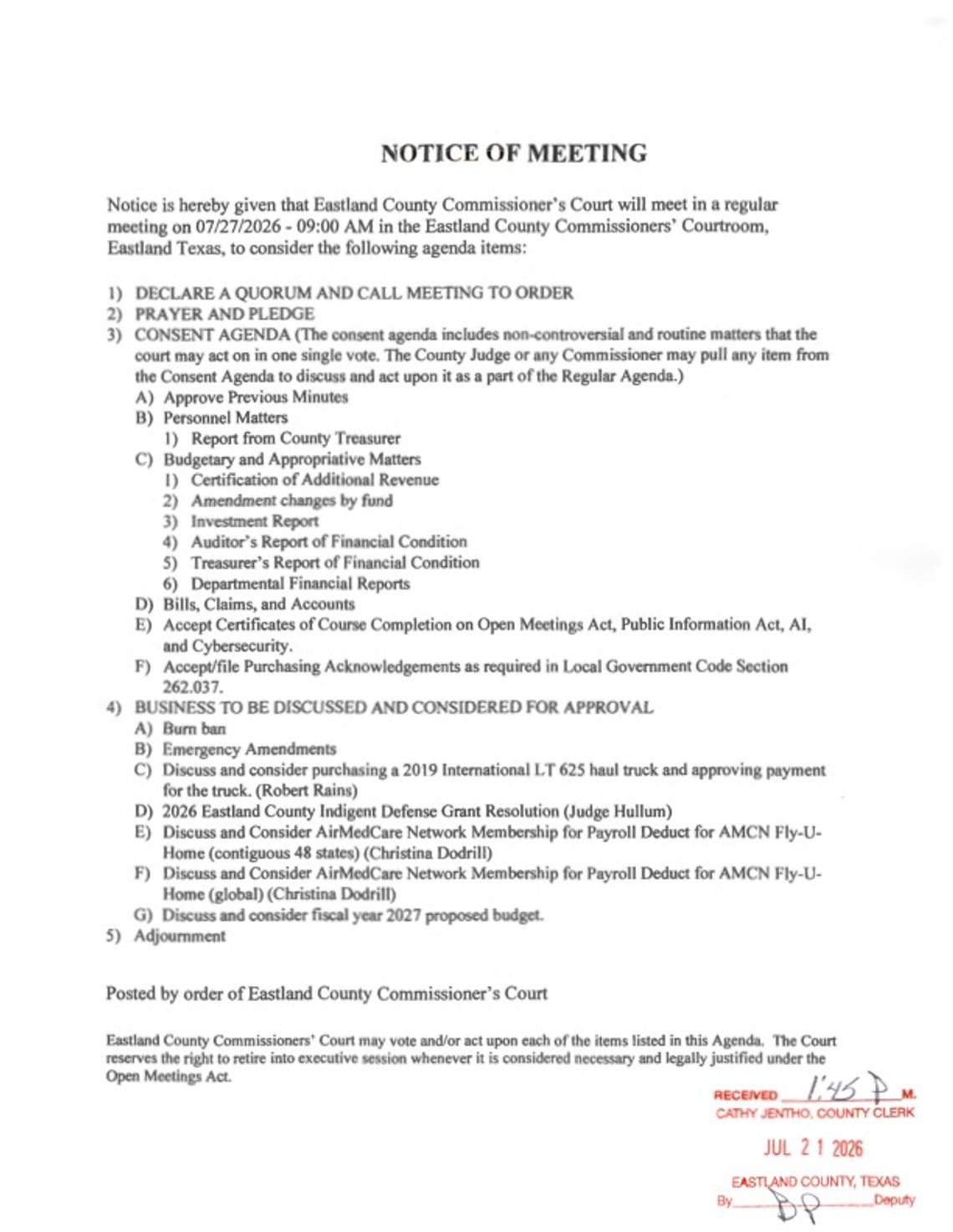 Eastland County Commissioners Court Meeting July 27 9 AM