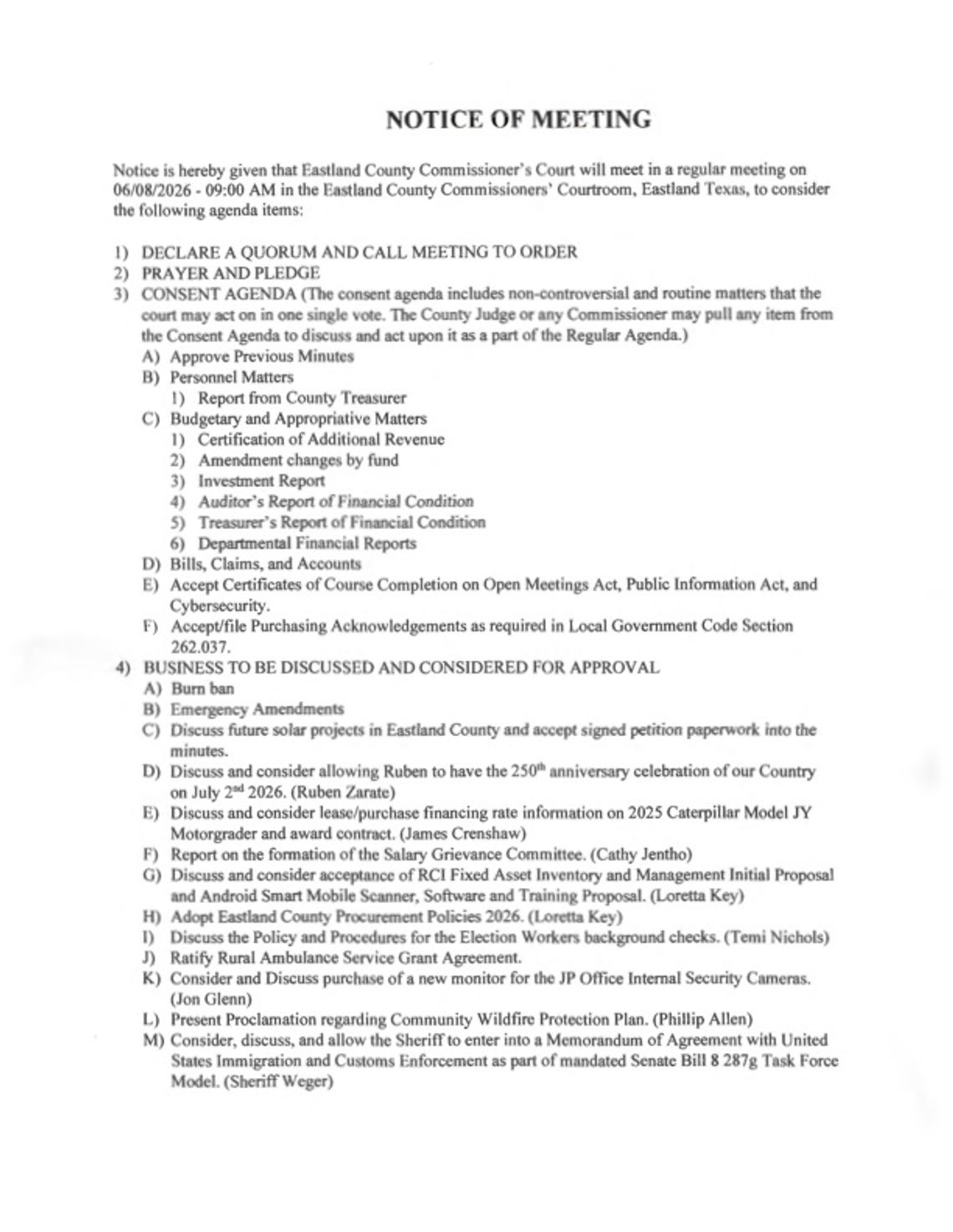 Eastland County Commissioners Court Meeting June 8