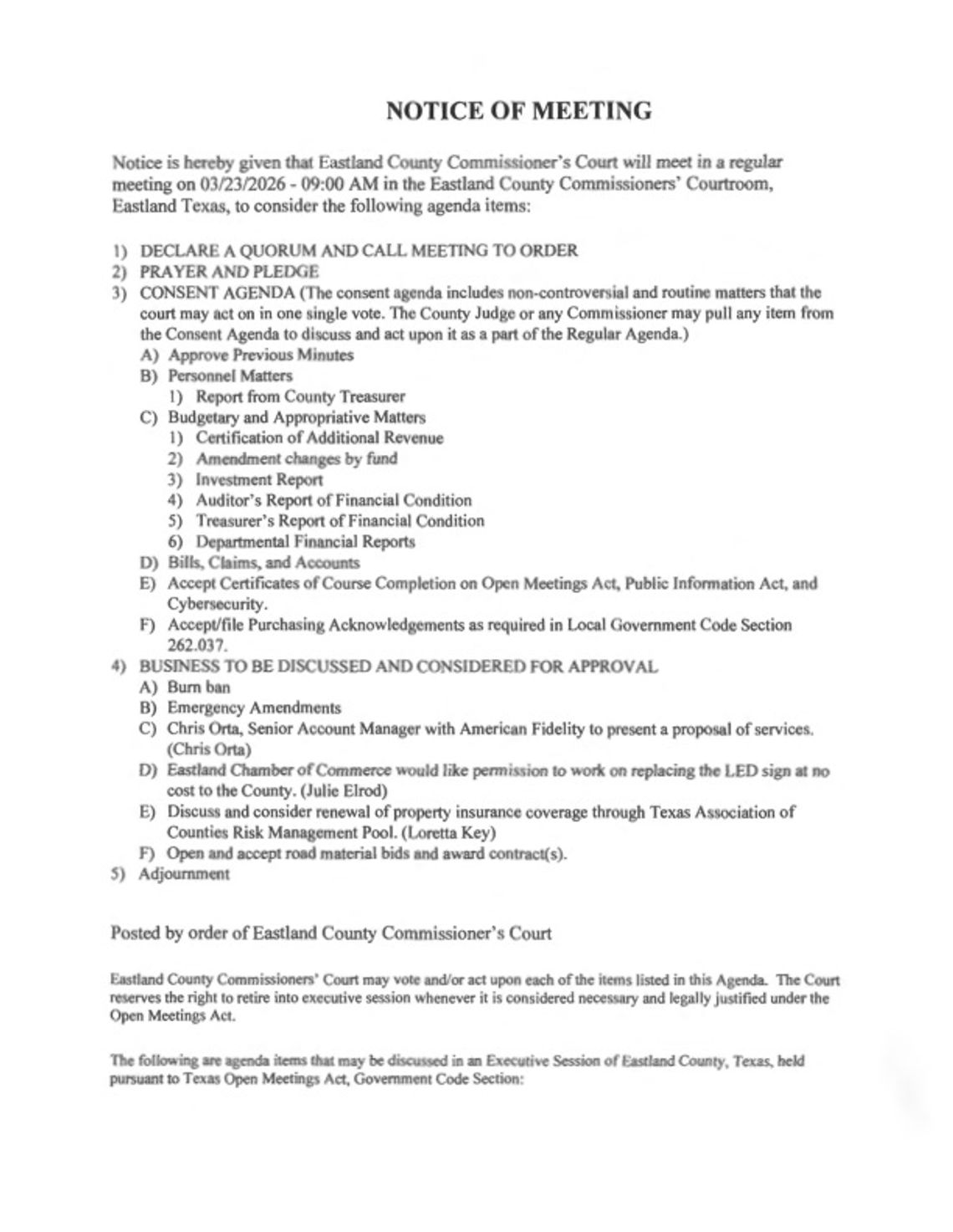 Eastland County Commissioners Court  Meeting  March 23 at 9 AM