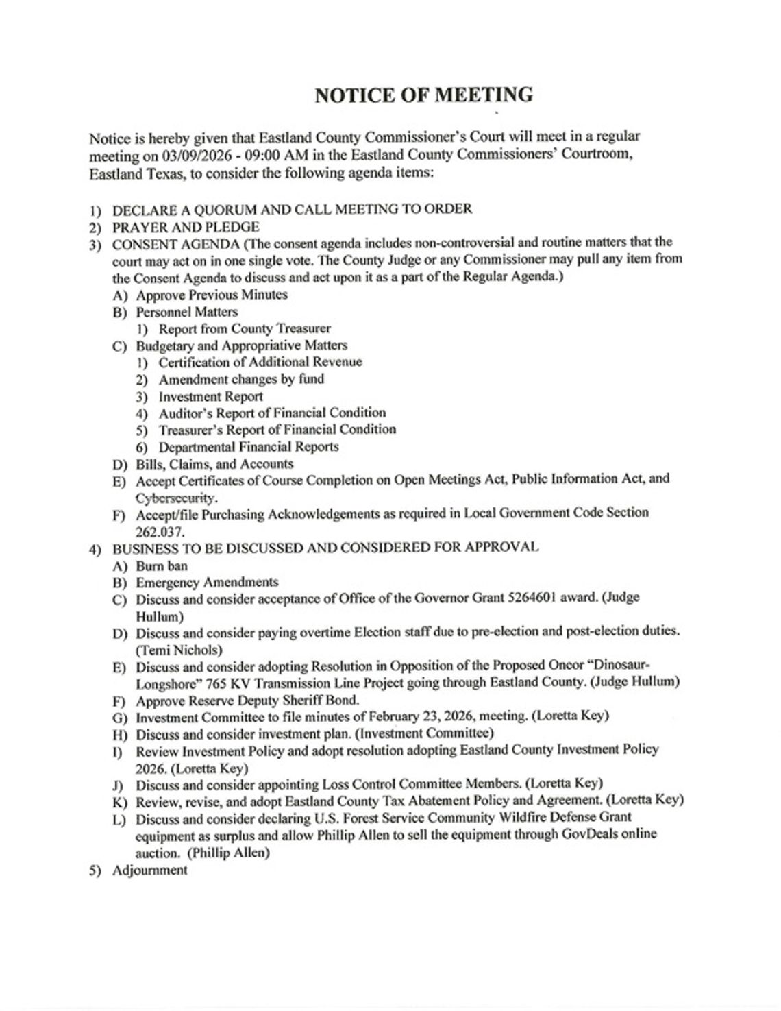 Eastland County Commissioners Court Meeting March 9 at 9 AM