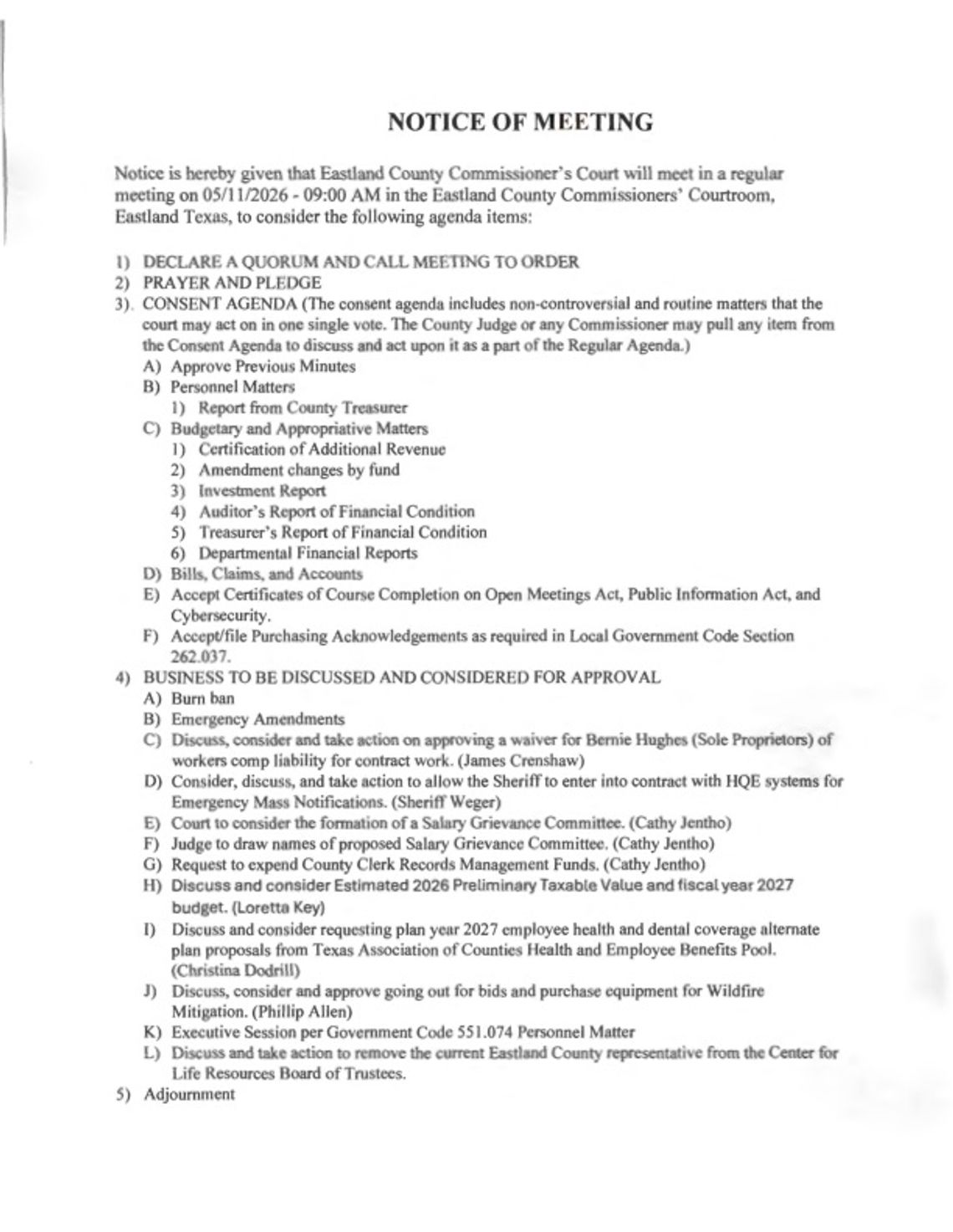 Eastland County Commissioners Court Meeting May 11 at 9 AM