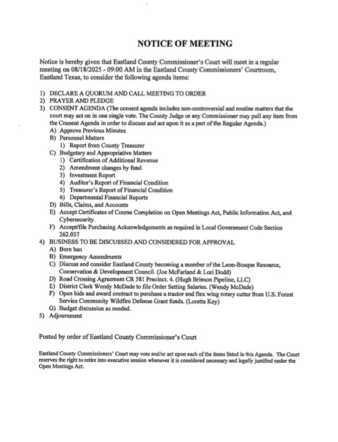 Eastland County Commissioners Court Meeting Mon., Aug. 18 at 9 AM