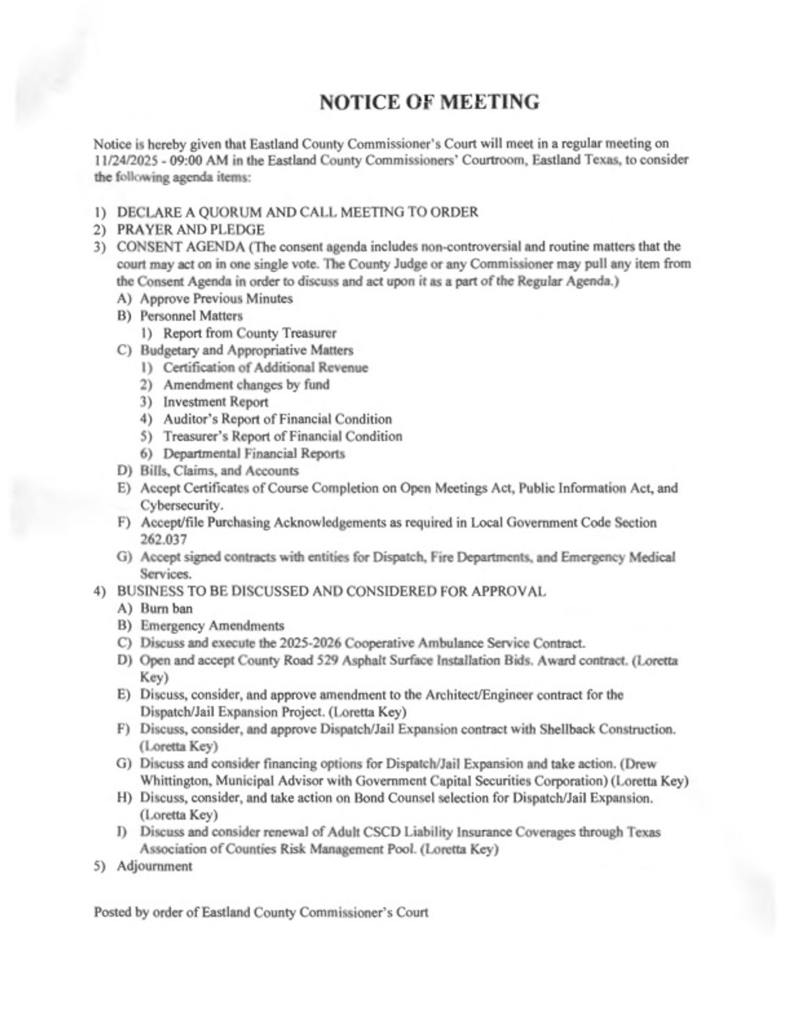 Eastland County Commissioners Court Meeting Mon., Nov. 24