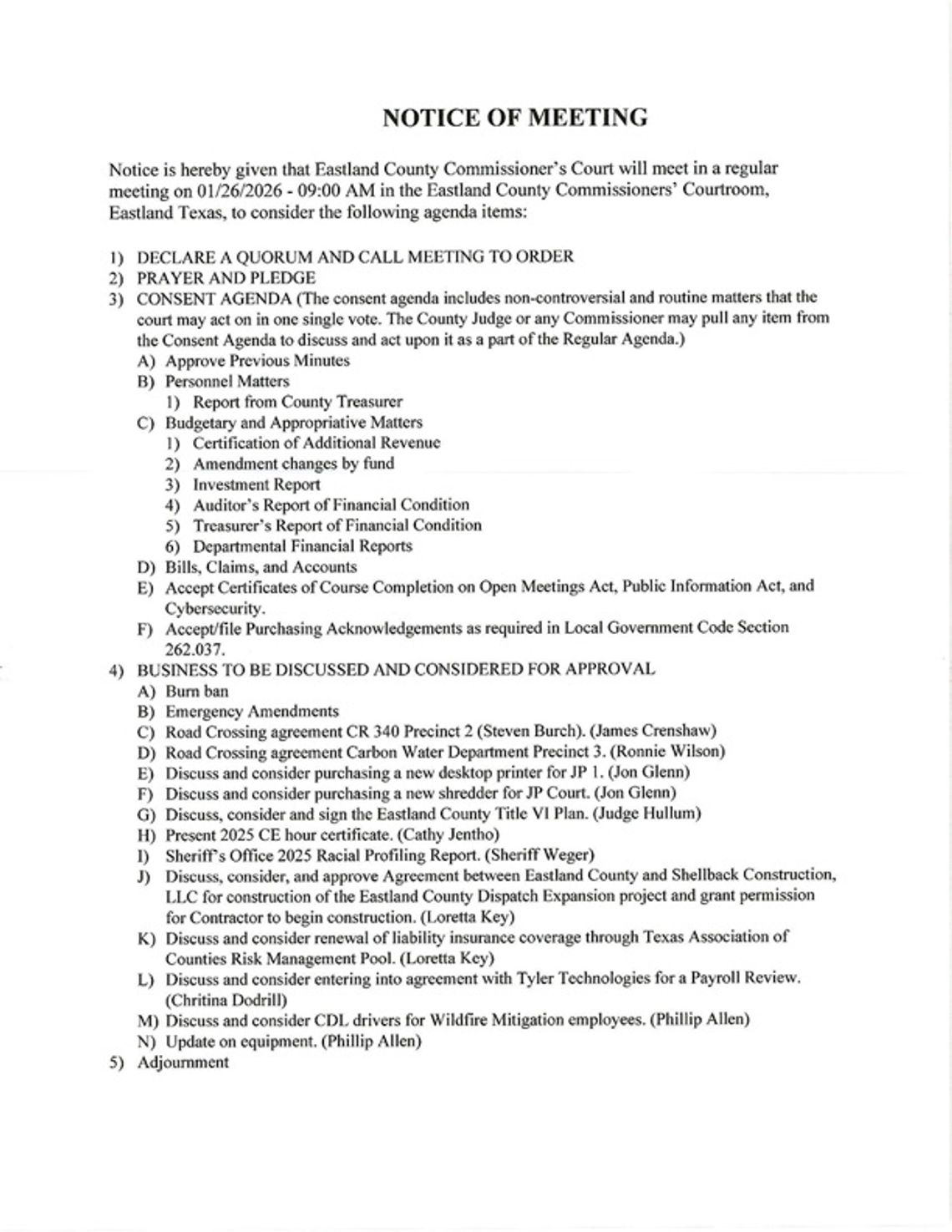 Eastland County Commissioners Court Meeting Changed to Jan. 28 at 9 AM