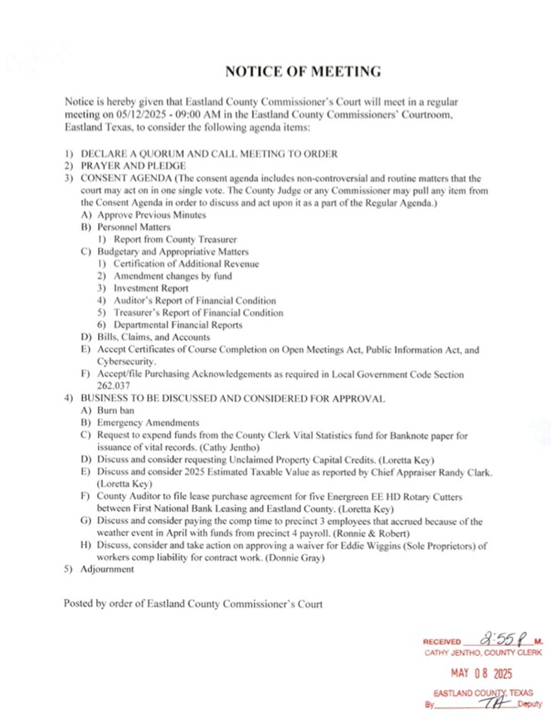 Eastland County Commissioners  Court Meeting Monday, May 12, 9 AM