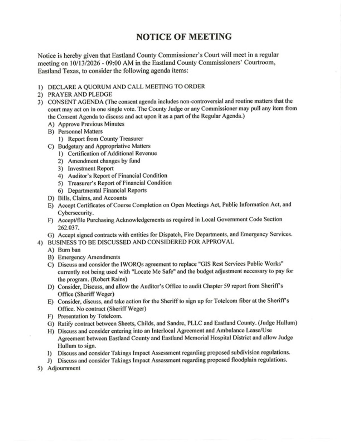 Eastland County Commissioners Court Meeting October 13 Eastland County Commissioners Court Meeting October 13