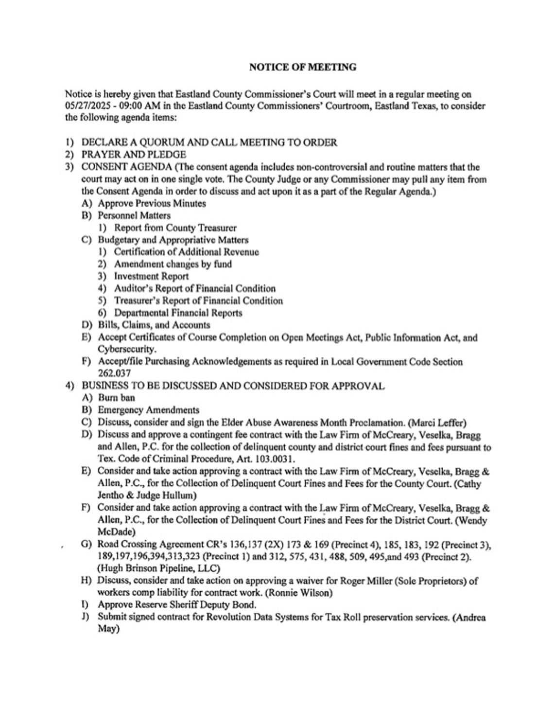 Eastland County Commissioners Court Meeting Tuesday, May 27