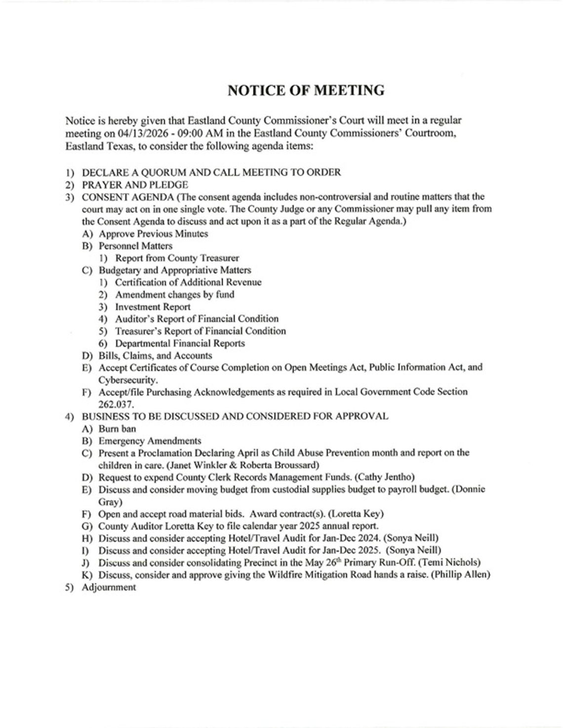 Eastland County Commissioners Court Monday, April 13 at 9 AM