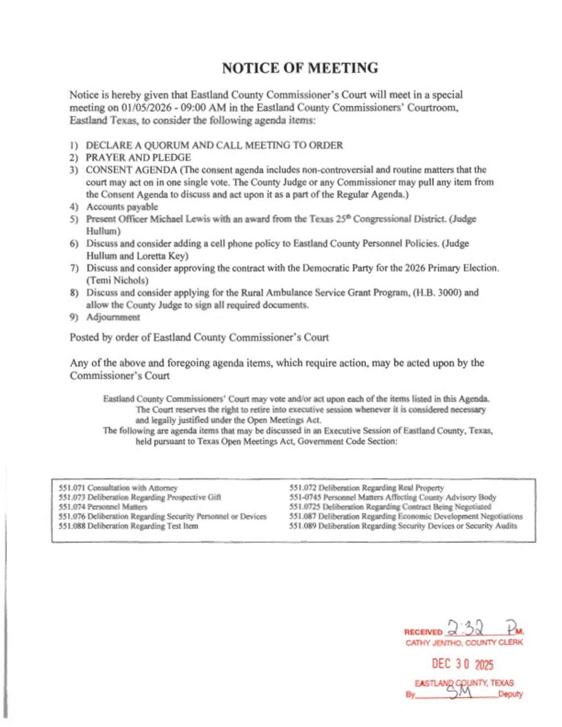 Eastland County Commissioners Court Special Meeting 01/05/26 Eastland County Commissioners Court Special Meeting 01/05/26