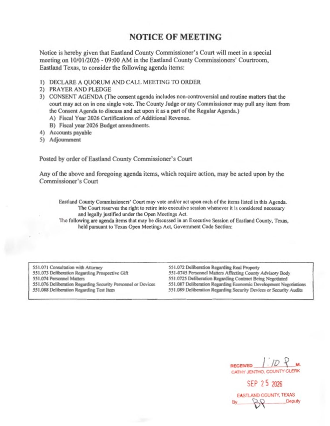 Eastland County Commissioners Court Special Meeting 10 /1/26 at 9 AM Eastland County Commissioners Court Special Meeting 10 /1/26 at 9 AM