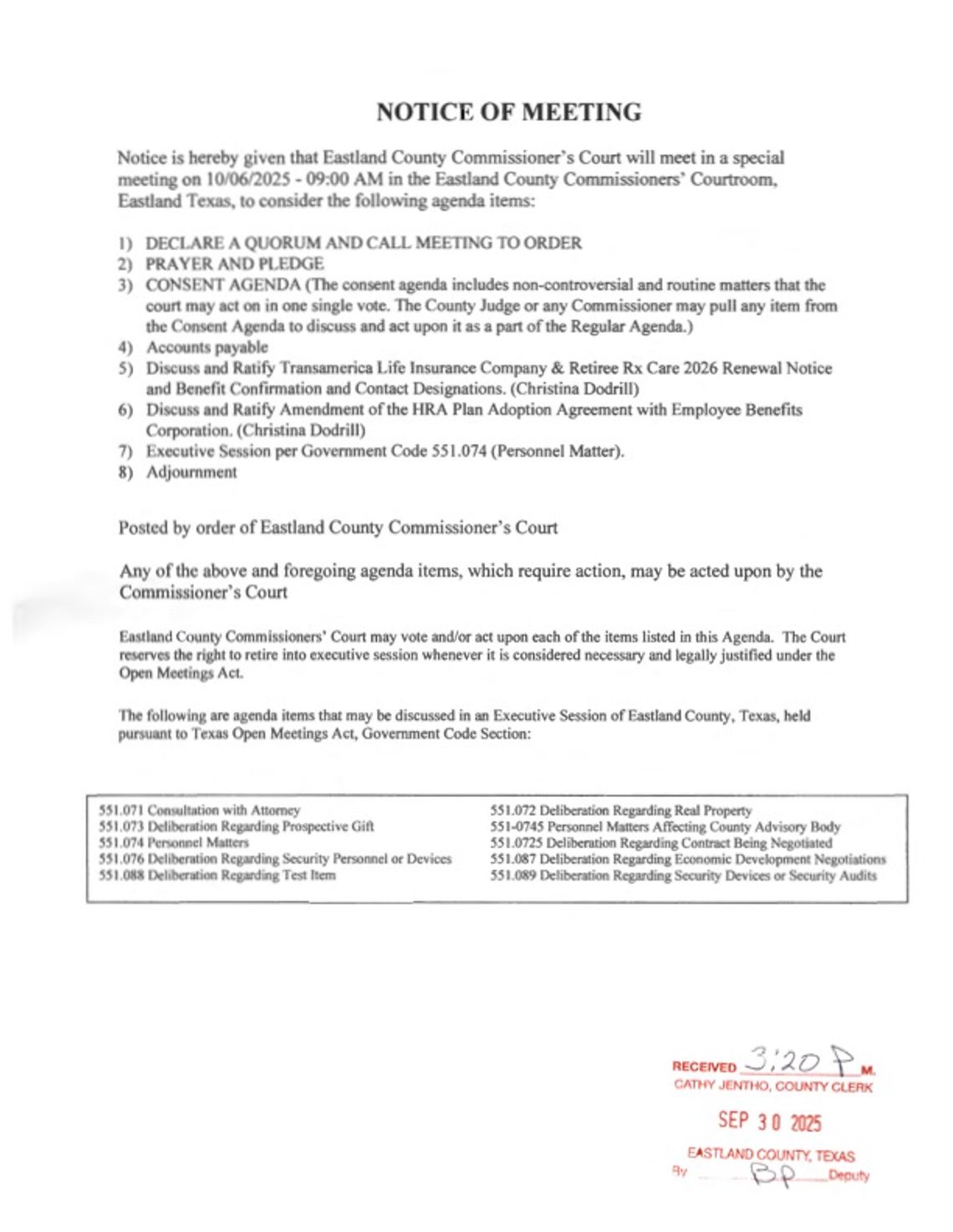 Eastland County Commissioners Court Special Meeting 10/6 at 9 AM Eastland County Commissioners Court Special Meeting 10/6 at 9 AM
