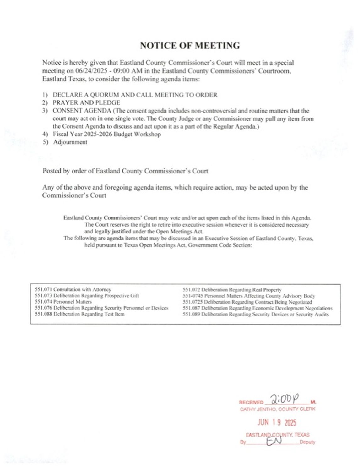 Eastland County Commissioners Court Special Meeting 6/24/25