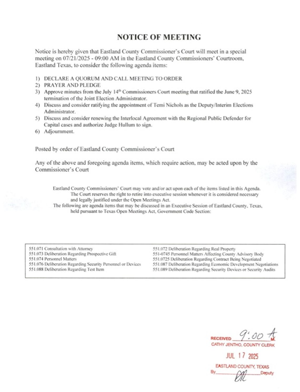Eastland County Commissioners Court Special Meeting 7-21-25