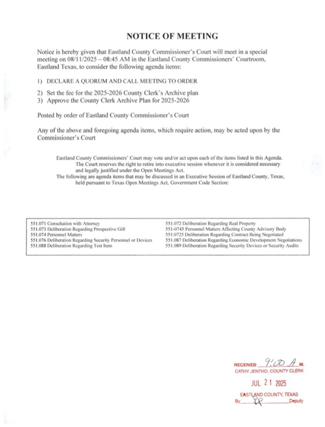 Eastland County Commissioners Court Special Meeting 8-11-25 at 8:45 AM