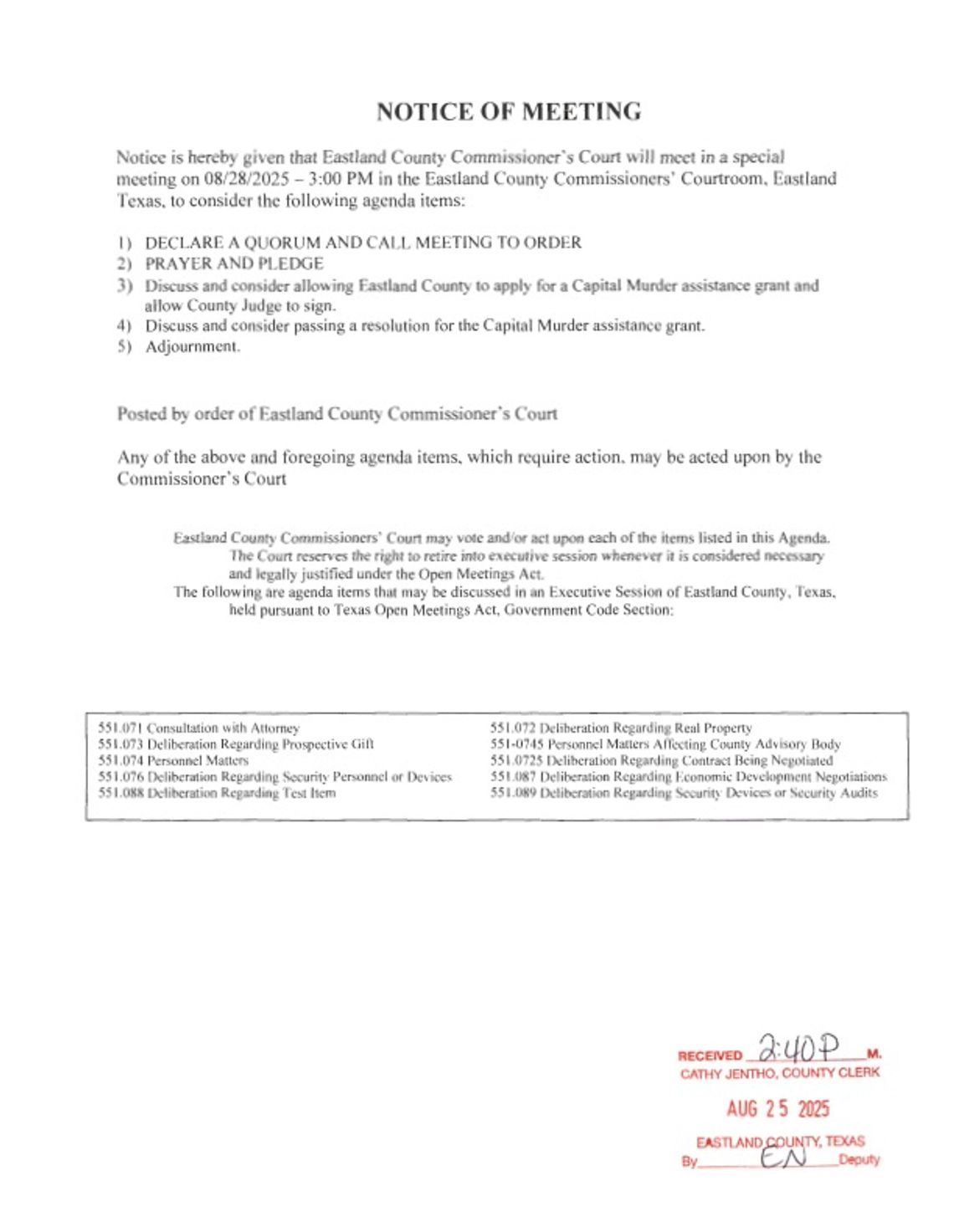Eastland County Commissioners Court Special Meeting 8/28/25