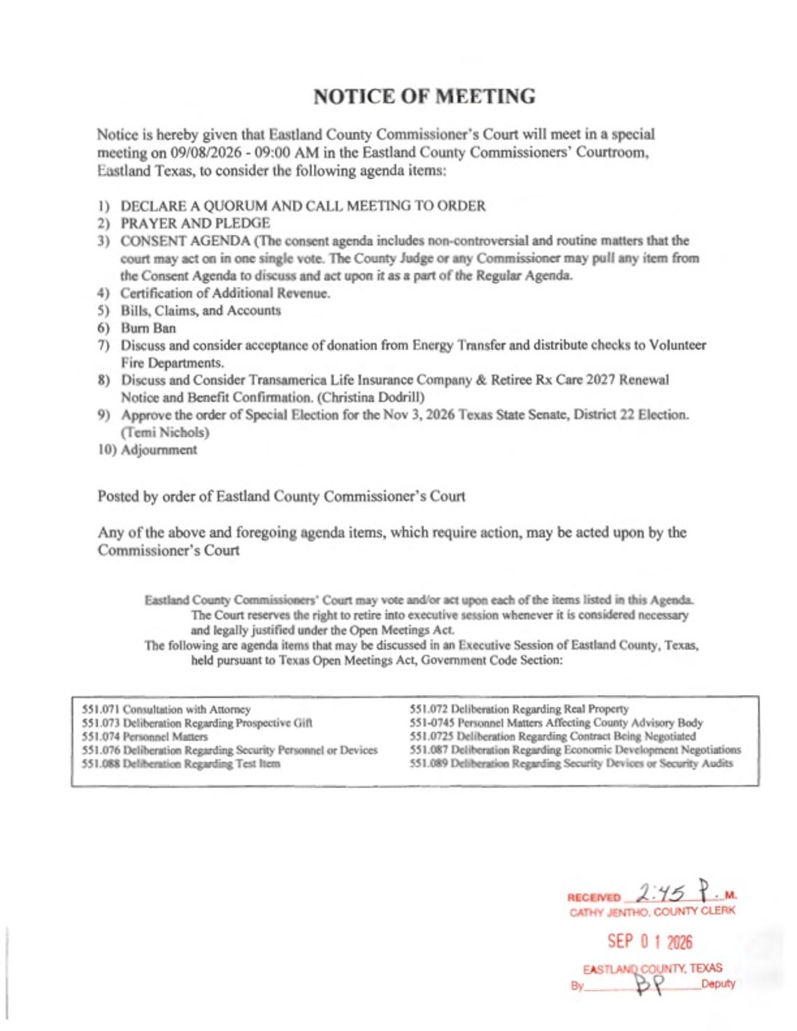 Eastland County Commissioners Court Special Meeting 9/8/26 Eastland County Commissioners Court Special Meeting 9/8/26