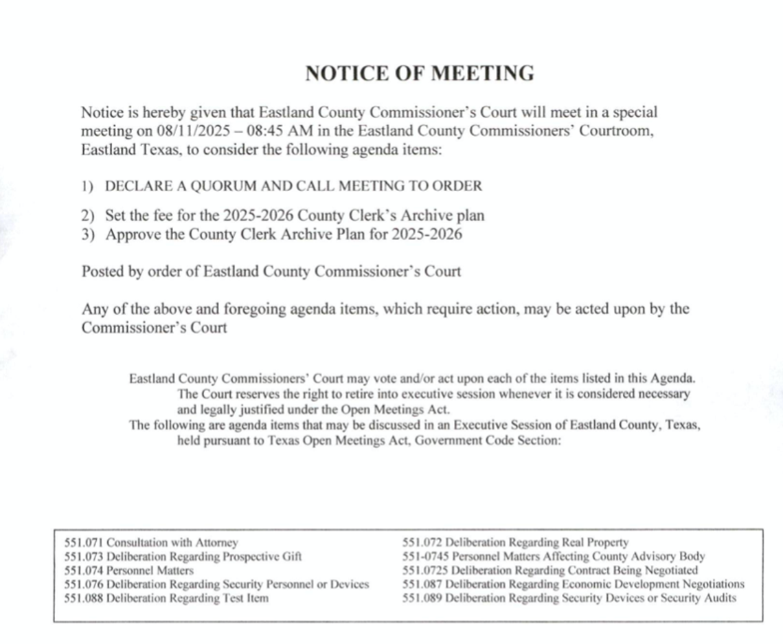Eastland County Commissioners Court Special Meeting August 11, 2025