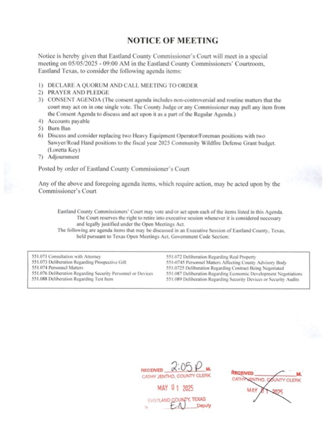 Eastland County Commissioners Court Special Meeting Mon., May 5, 9 AM