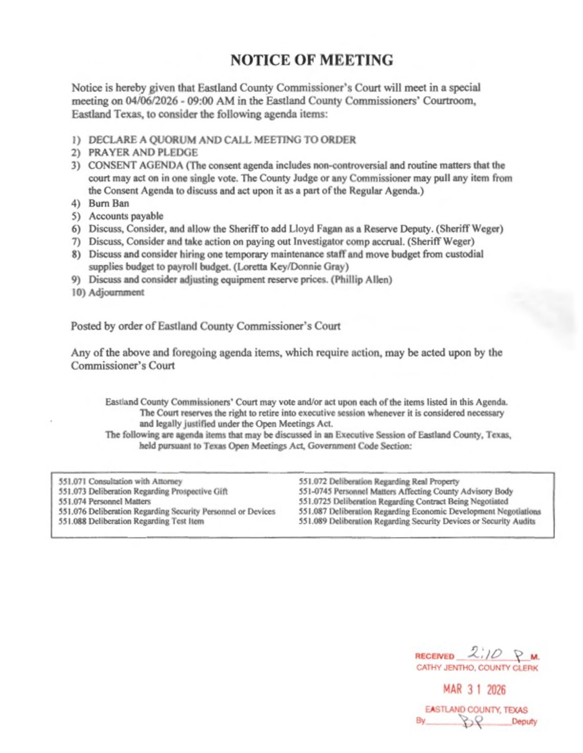 Eastland County Commissioners Court Special Meeting Monday, April 6 at 9 AM