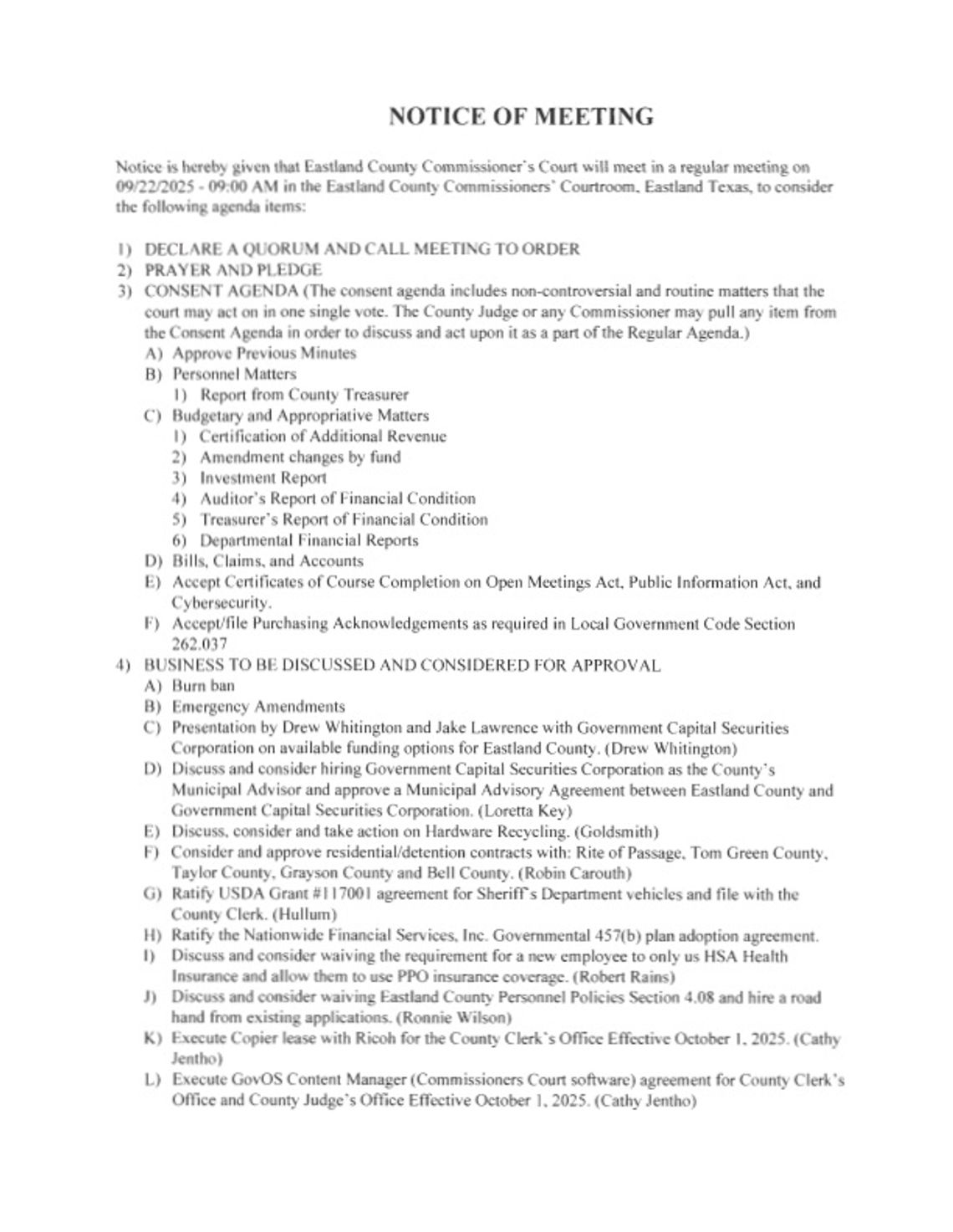 Eastland County Commissioners Court Special Meeting Oct. 1