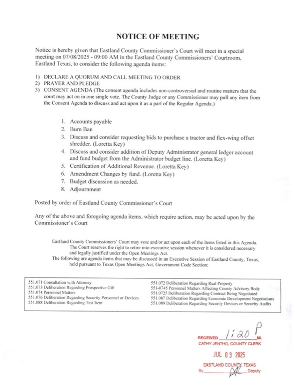 Eastland County Commissioners Court Special Meeting Tues., July 8