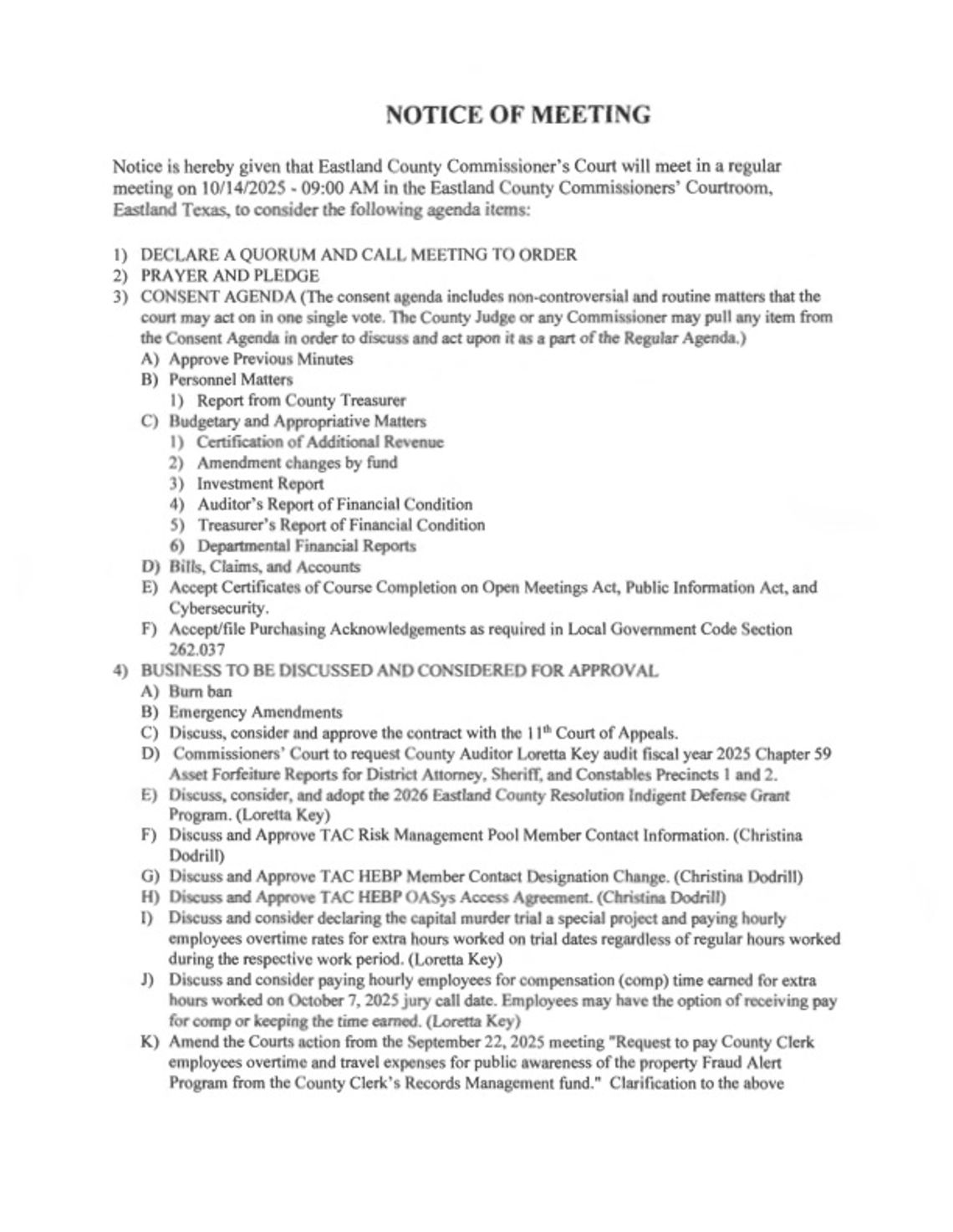 Eastland County Commissioners Meeting 10/14/25 Eastland County Commissioners Meeting 10/14/25