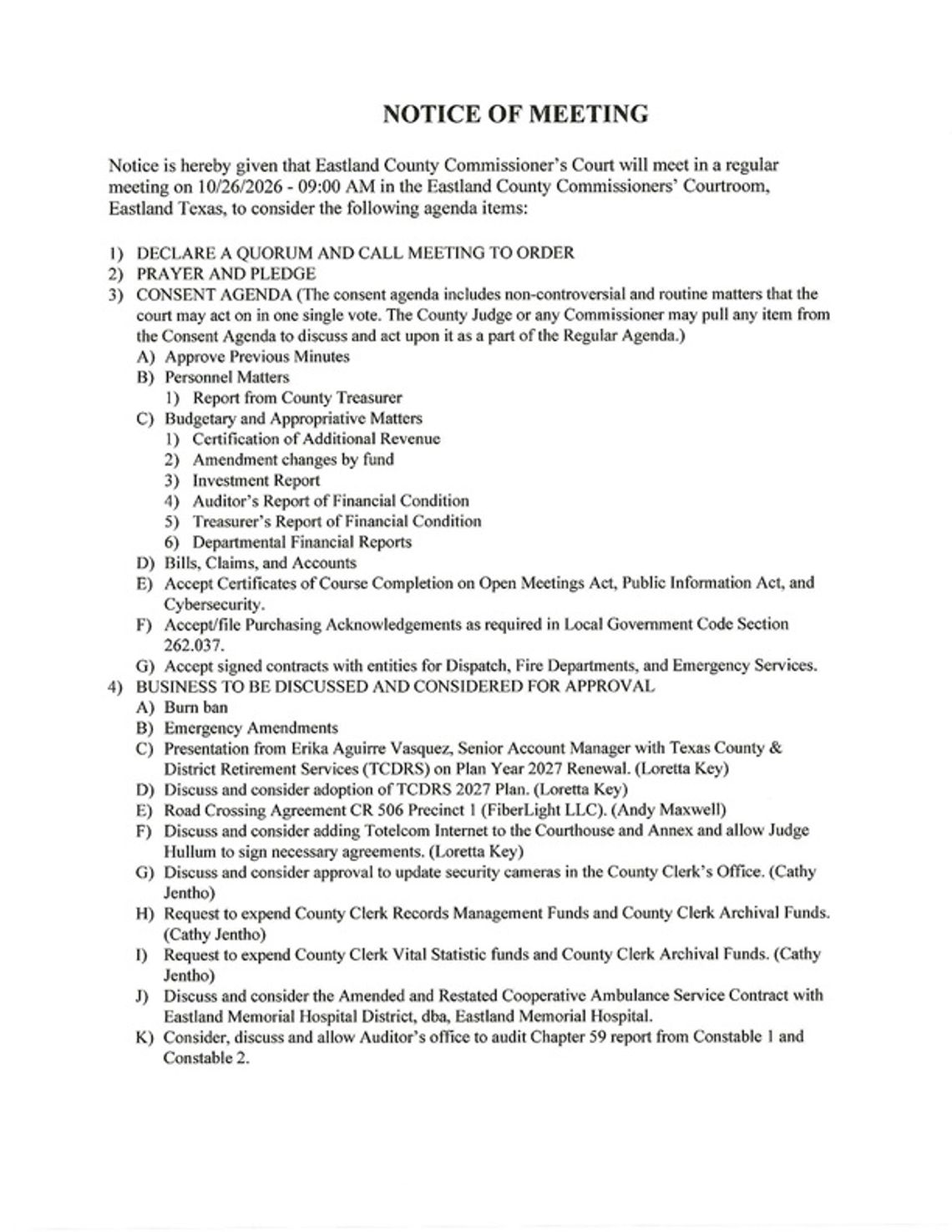 Eastland County Commissioners Meeting 10/26/26 Eastland County Commissioners Meeting 10/26/26