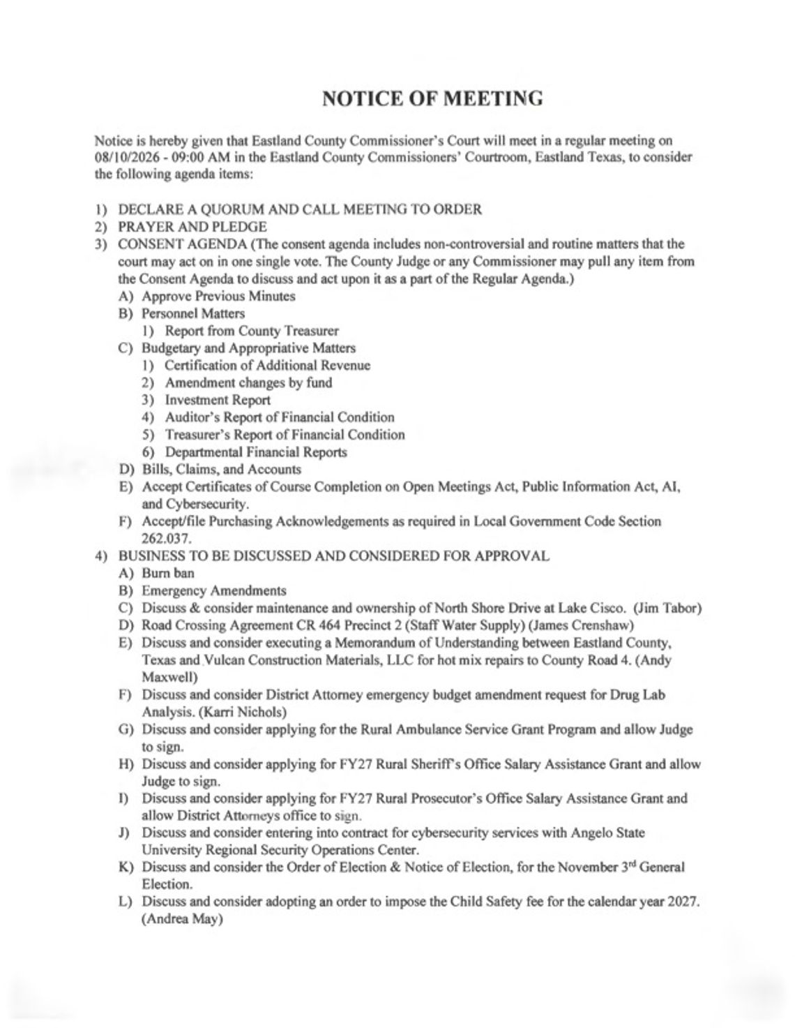 Eastland County Commissioners Meeting 8/10/26 Eastland County Commissioners Meeting 8/10/26