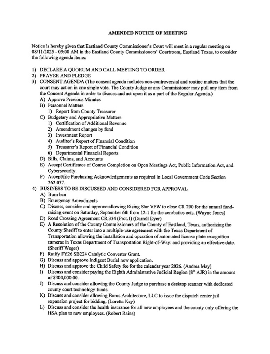 Eastland County Commissioners Meeting 8/11/25 at 9 AM