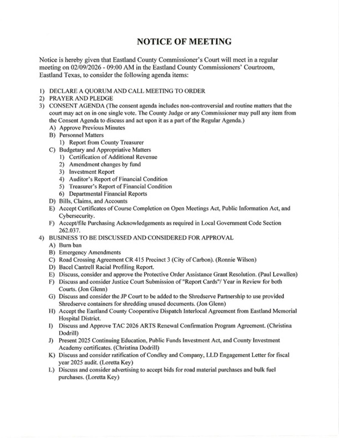 Eastland County Commissioners Meeting Mon., Feb. 9 at 9 AM