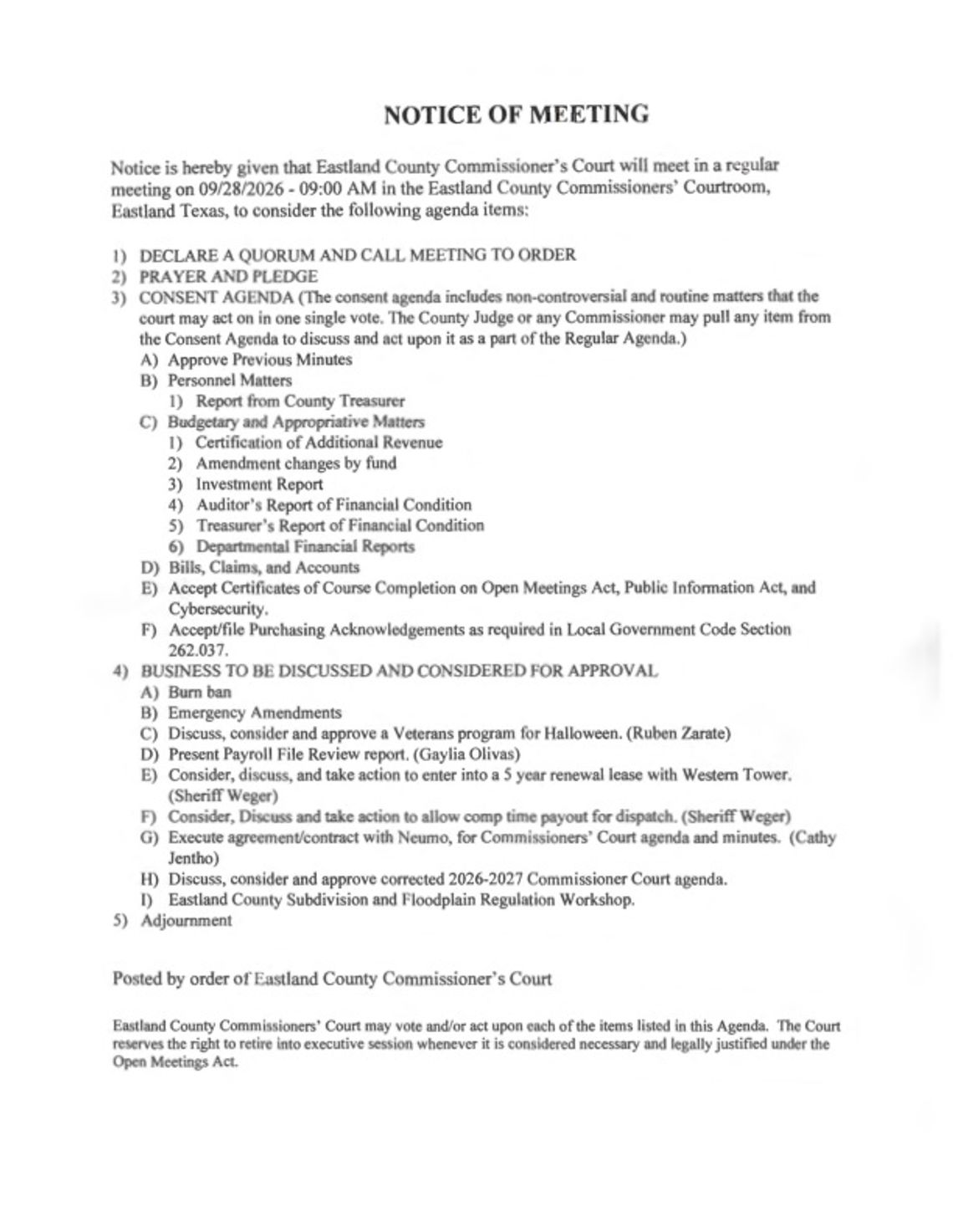 Eastland County Commissioners Meeting Monday, Sept. 28, 9 AM Eastland County Commissioners Meeting Monday, Sept. 28, 9 AM