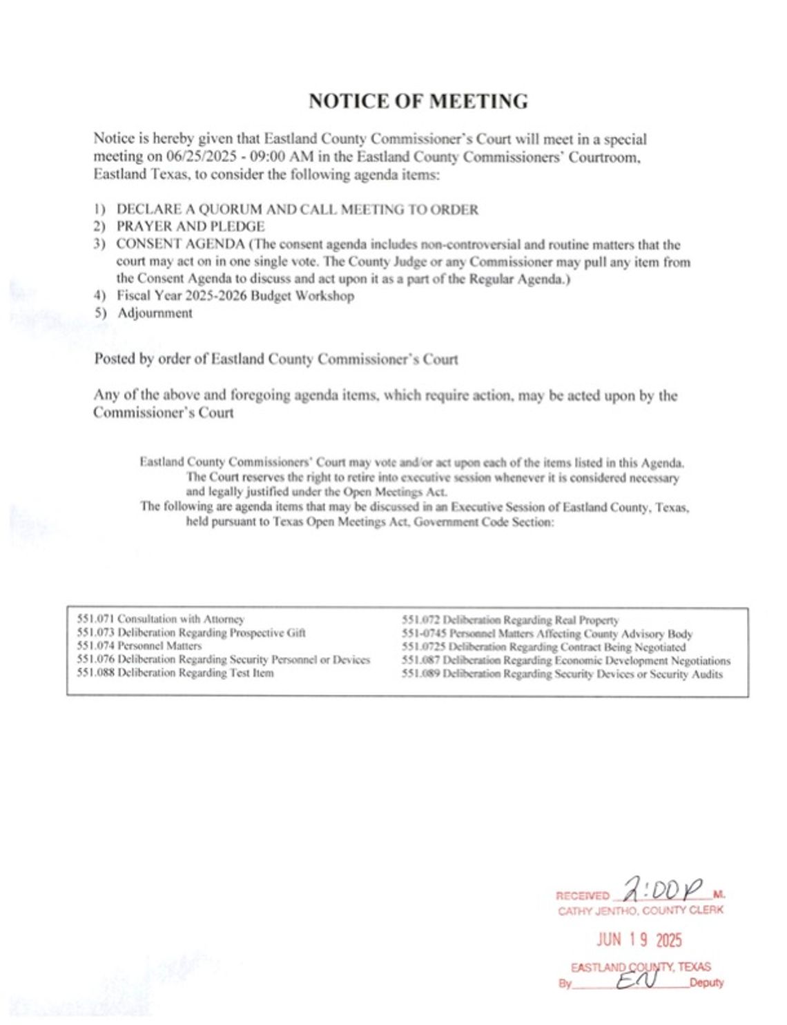 Eastland County Commissioners Special Meeting 6/25/2025