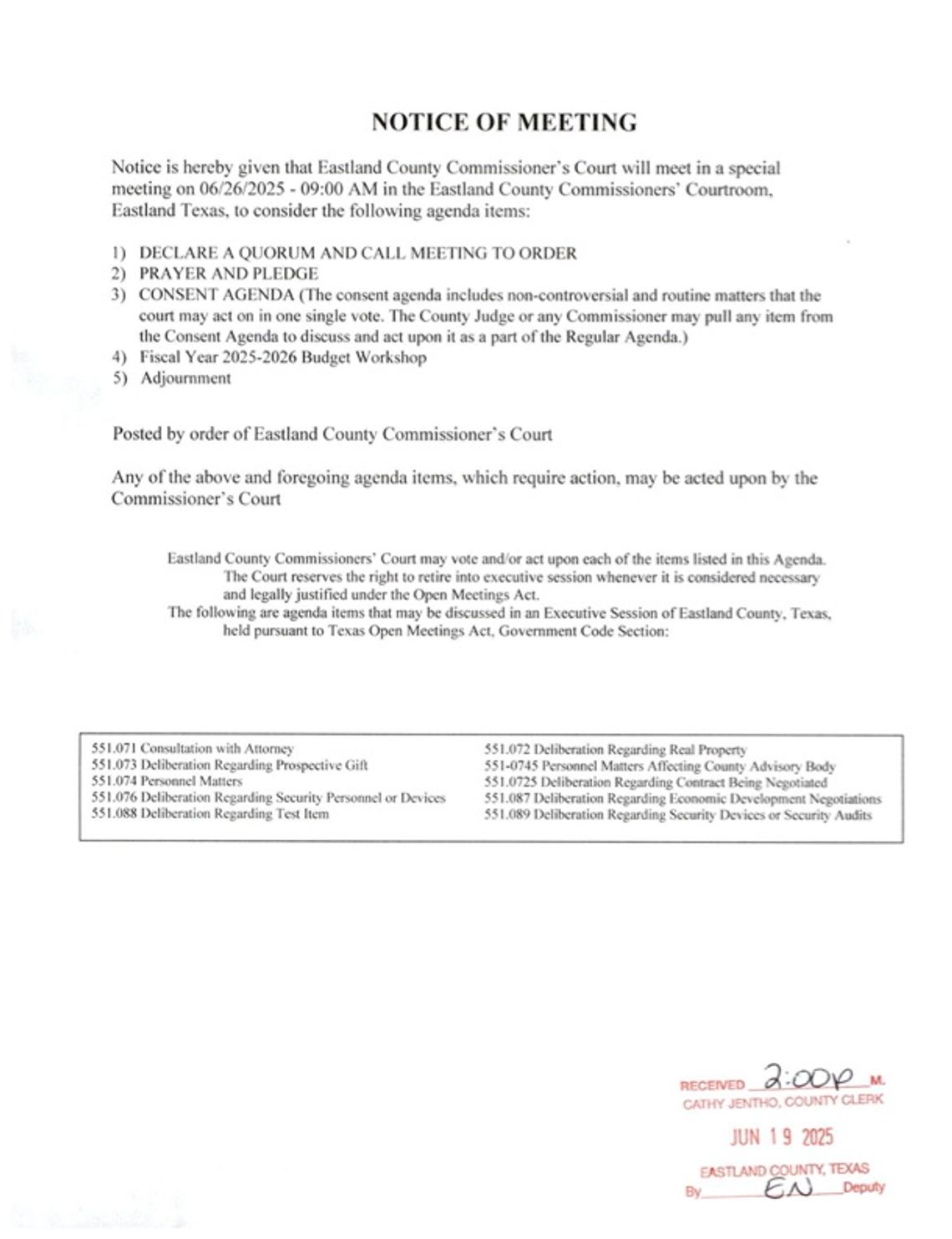 Eastland County Commissioners Special Meeting 6/26/25