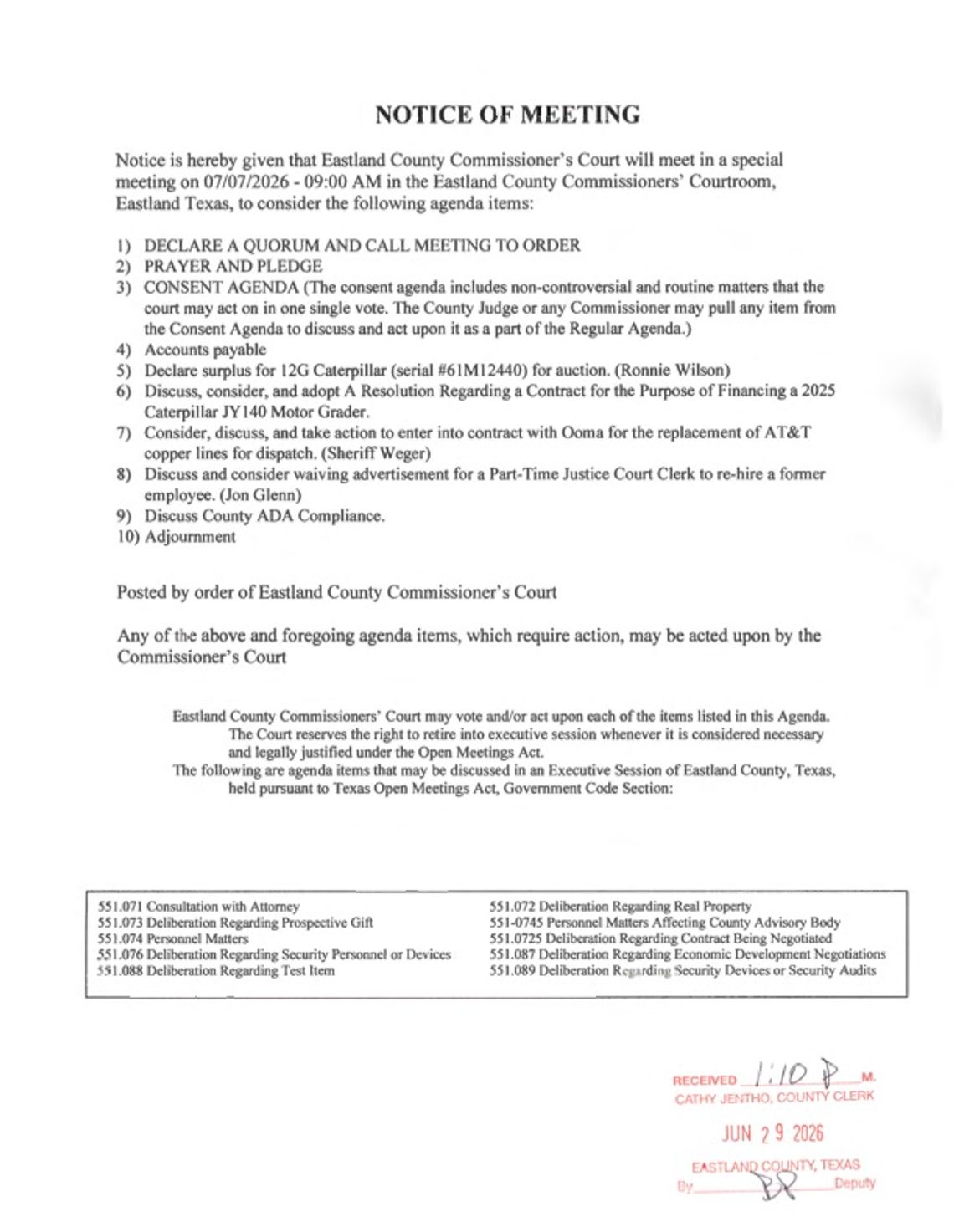Eastland County Commissioners Special Meeting July 7 at 9 AM