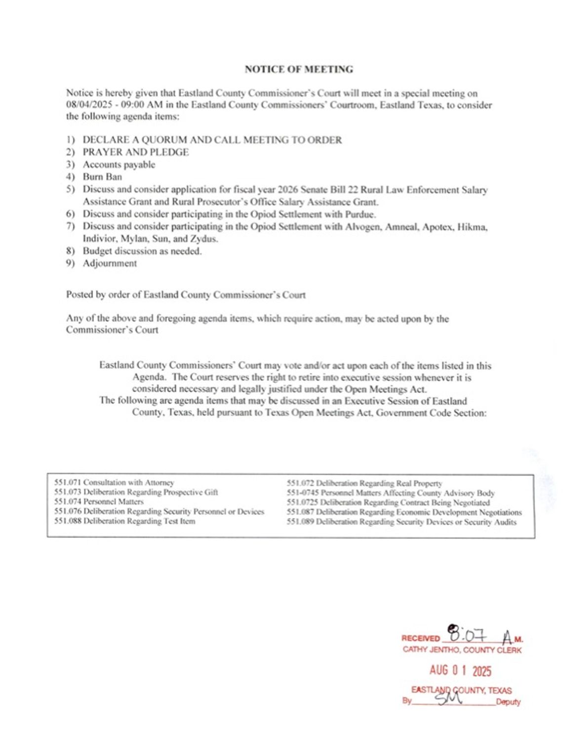 Eastland County Commissioners Special Meeting Mon., August 4 at 9 AM