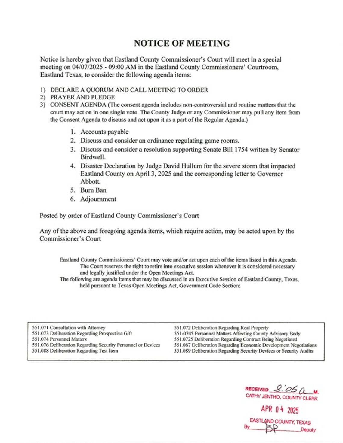 Eastland County Commissioners Special Meeting Monday, April 7 9 AM