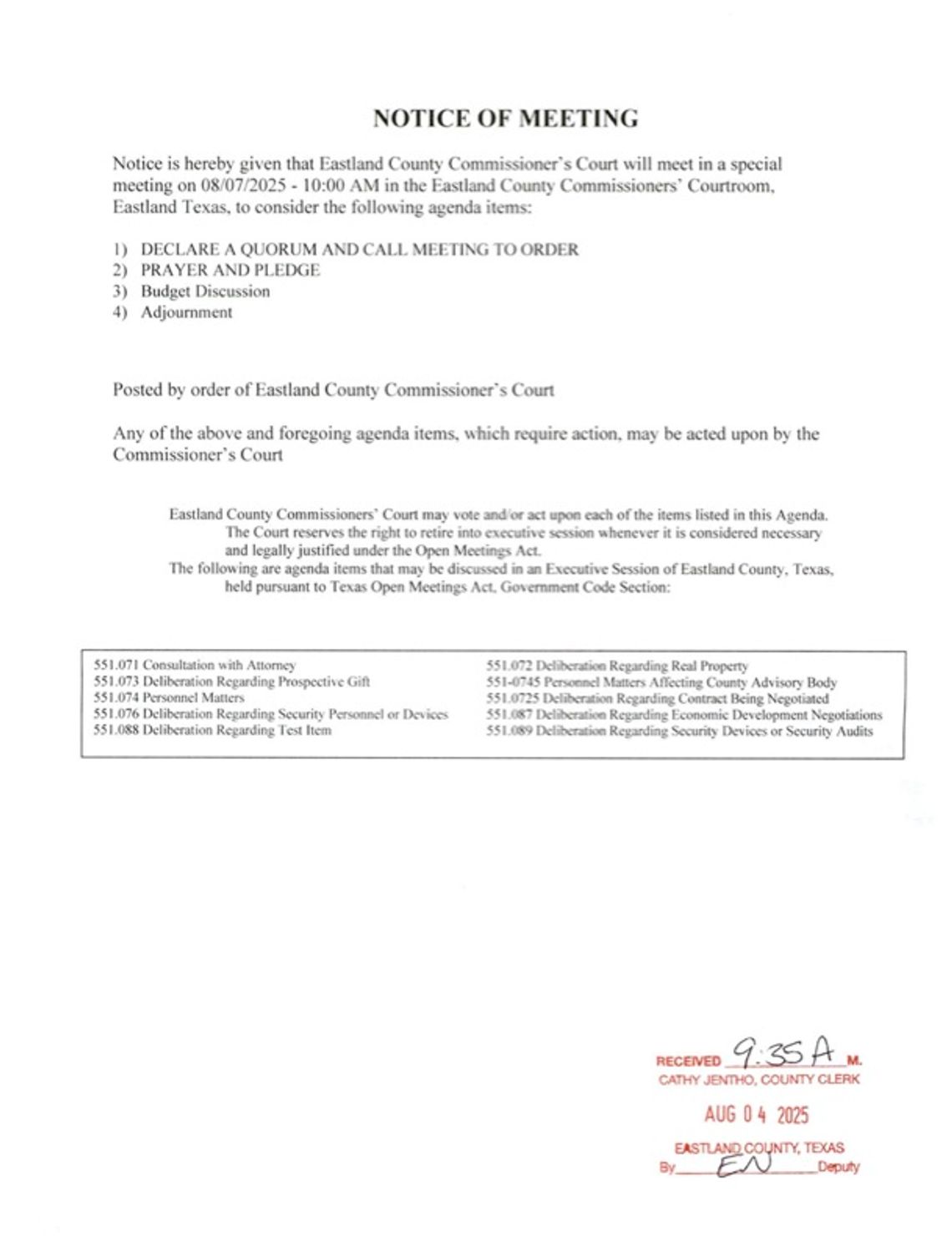 Eastland County Commissioners Special Meeting Thursday, August 7