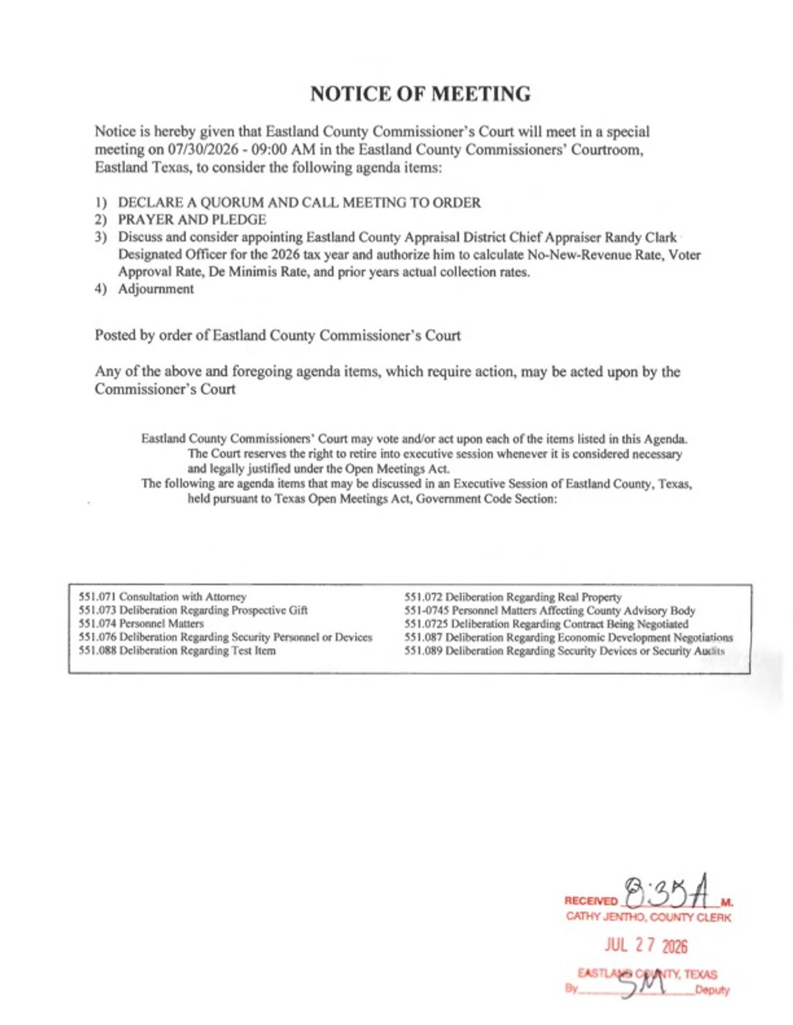 Eastland County Commissioners Special Meeting Thursday, July 30, 9 AM