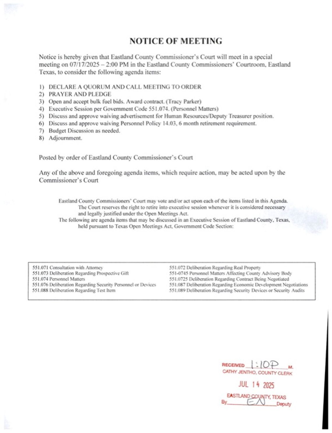 Eastland County Commissioners Special Meting July 17