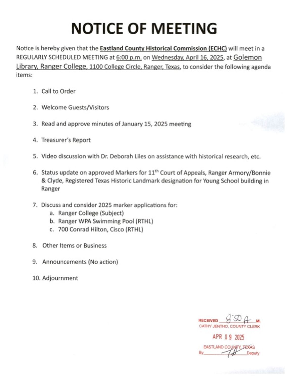 Eastland County Historical Commission Meeting April 16