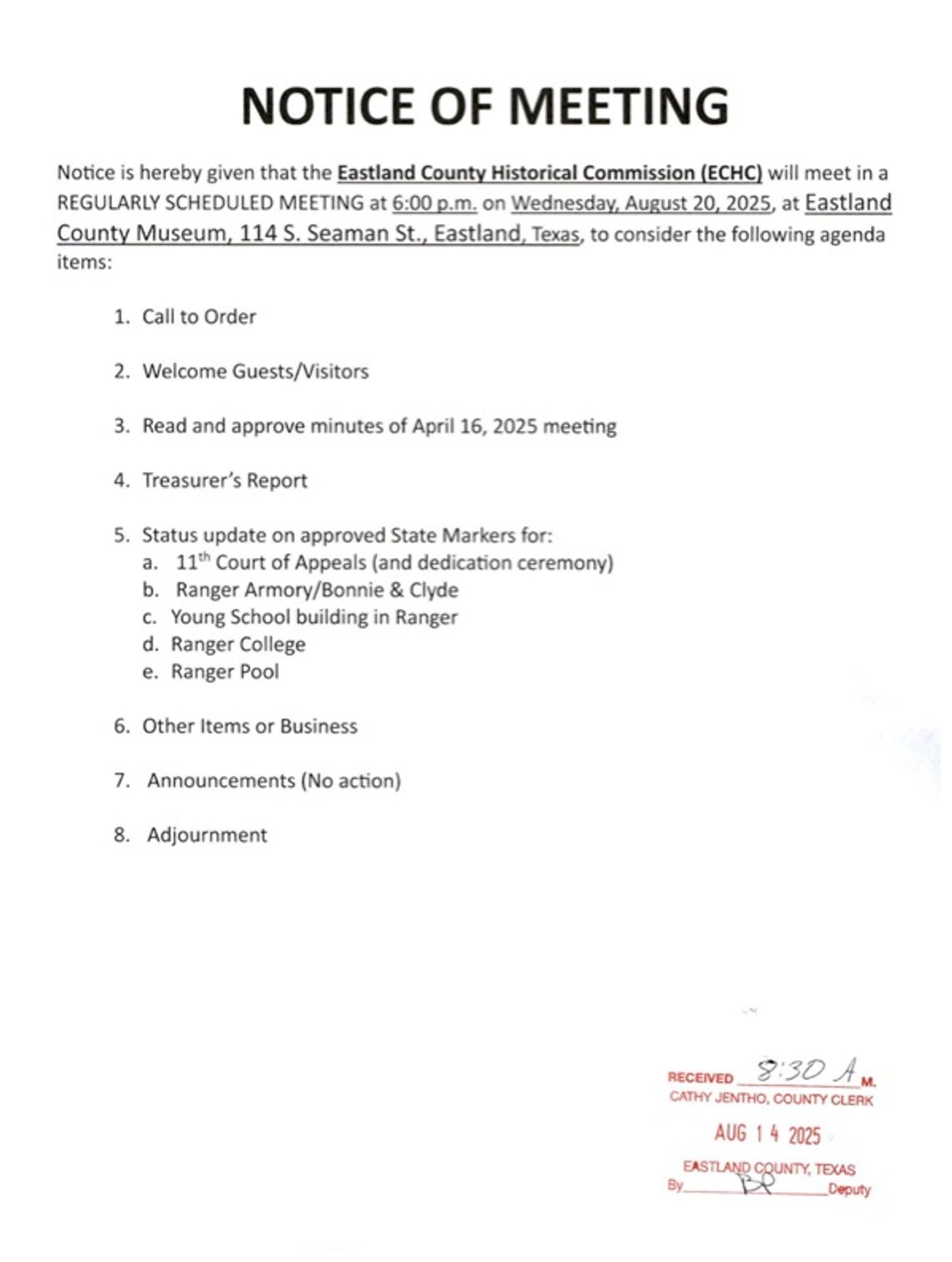 Eastland County Historical Commission to Meet Wed., Aug. 20 at 6 p.m.