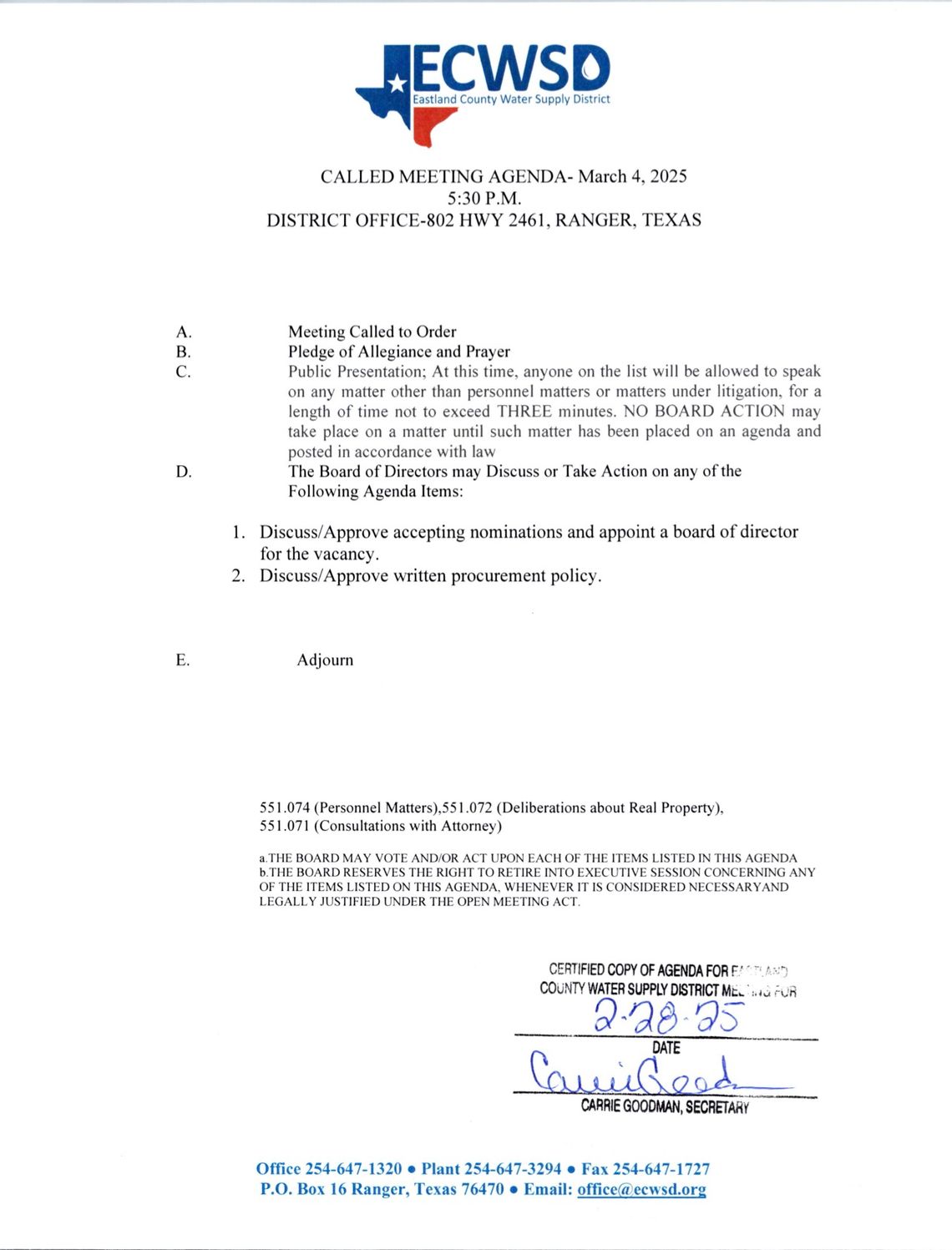 Eastland County Water Supply District Meeting March 4