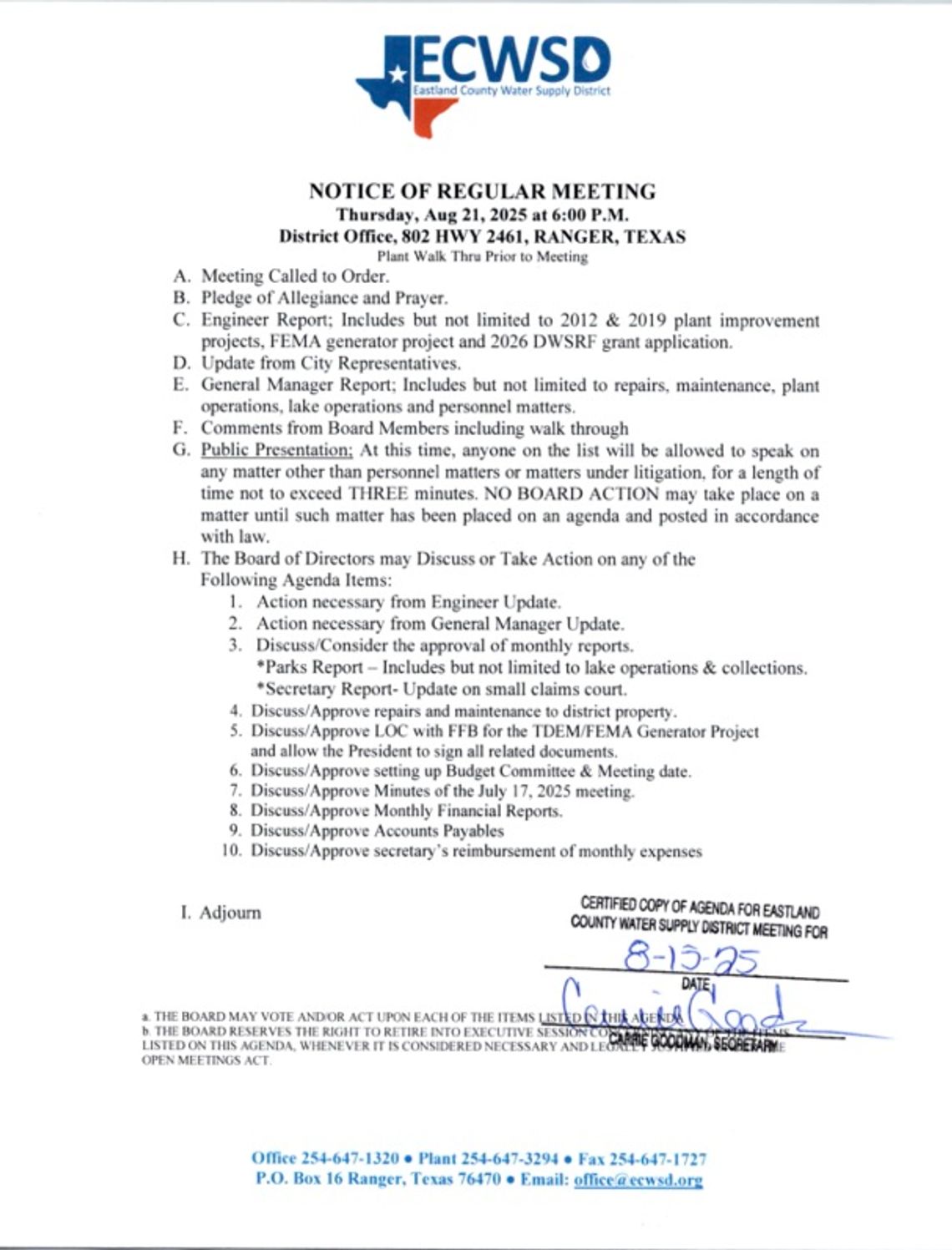 Eastland County Water Supply District Meeting Thurs., Aug. 21 at 6 pm Eastland County Water Supply District Meeting Thurs., Aug. 21 at 6 pm