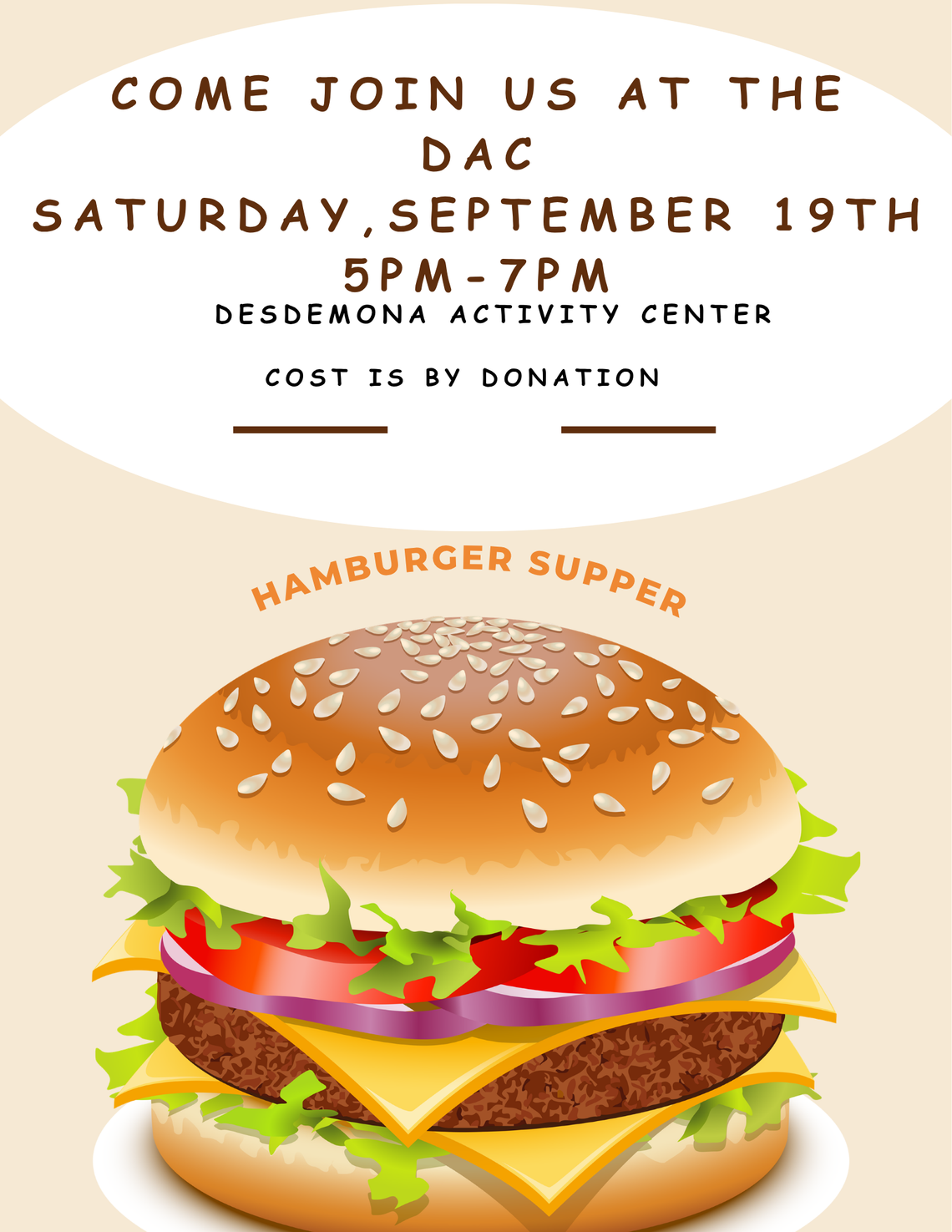 Hamburger Supper Saturday, September 19 Hamburger Supper Saturday, September 19