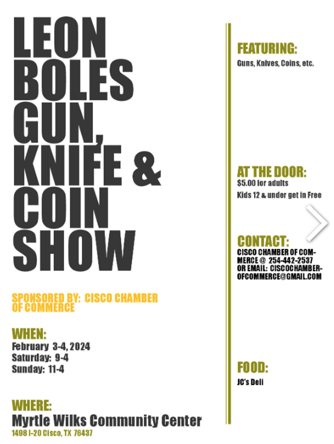 Leon Boles Gun, Knife & Coin Show Feb. 3 & 4